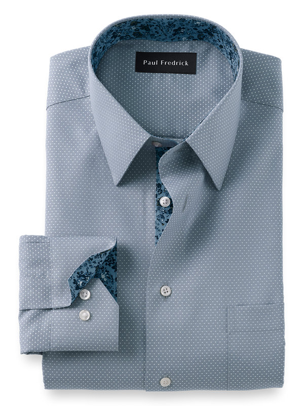 Non-Iron Cotton Dot Print Dress Shirt with Contrast Trim
