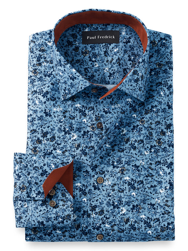 Non-Iron Cotton Floral Print Dress Shirt with Contrast Trim