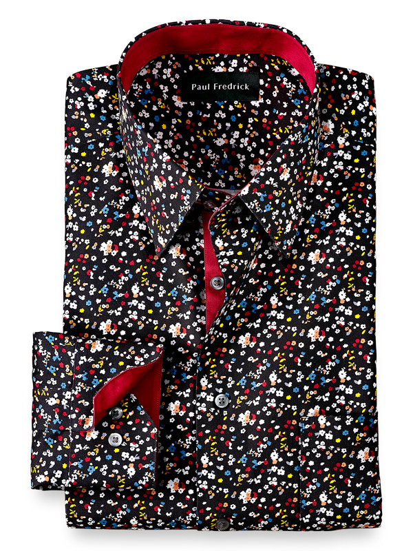 Tailored Fit Non-Iron Cotton Floral Print Dress Shirt with Contrast Trim