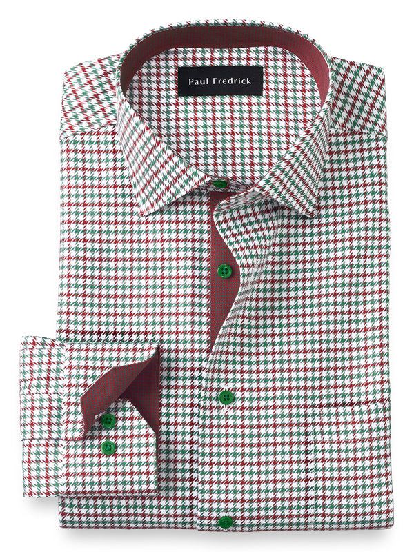 Tailored Fit Non-Iron Cotton Houndstooth Dress Shirt with Contrast Trim