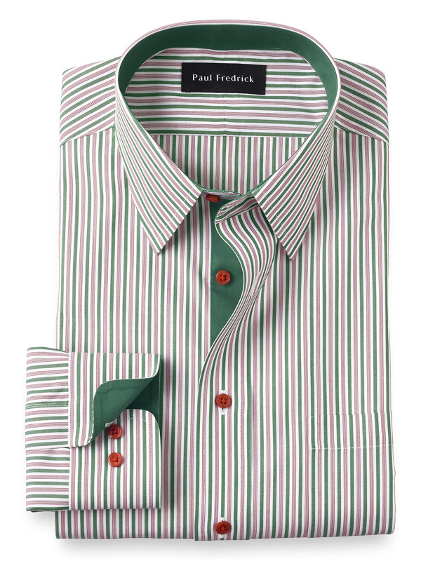 Tailored Fit Non-Iron Cotton Stripe Dress Shirt with Contrast Trim
