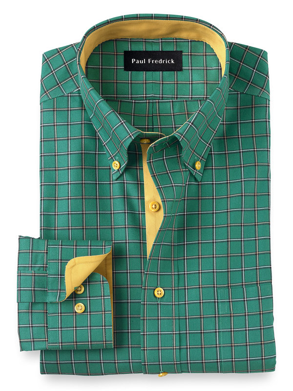 Tailored Fit Non-Iron Cotton Check Dress Shirt with Contrast Trim