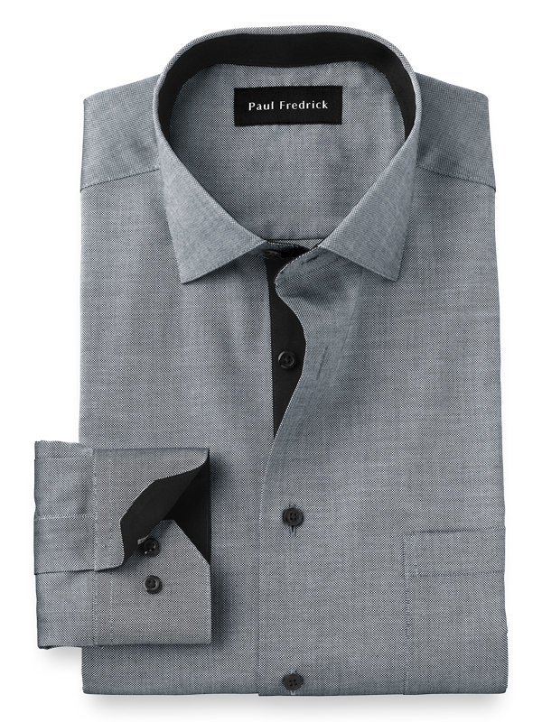 Slim Fit Non-Iron Cotton Textured Solid Dress Shirt with Contrast Trim