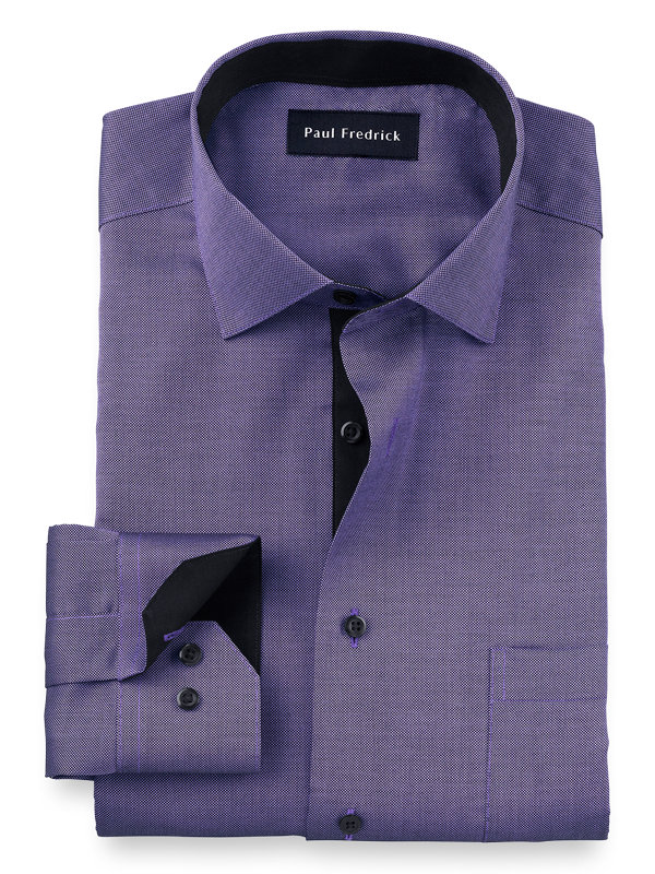 Slim Fit Non-Iron Cotton Textured Solid Dress Shirt with Contrast Trim