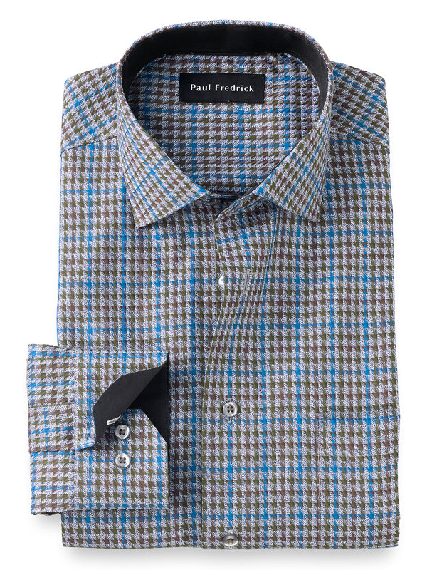 Non-Iron Cotton Houndstooth Dress Shirt with Contrast Trim
