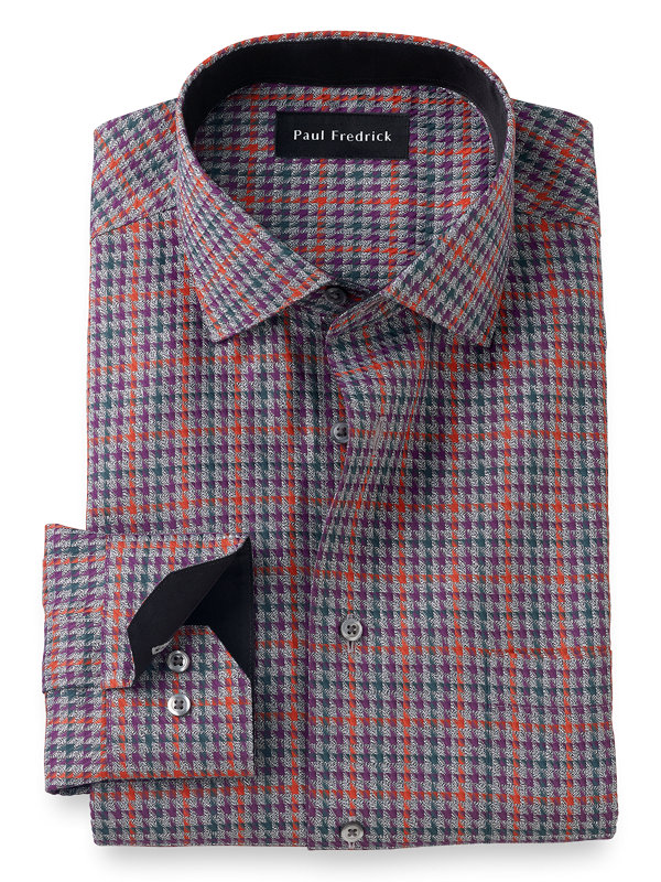 Slim Fit Non-Iron Cotton Houndstooth Dress Shirt with Contrast Trim