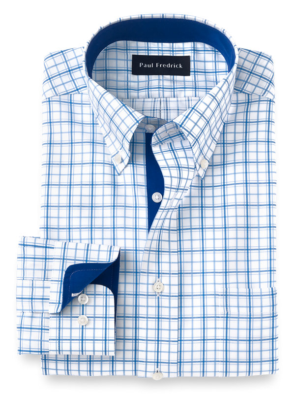 Tailored Fit Non-Iron Cotton Windowpane Dress Shirt with Contrast Trim