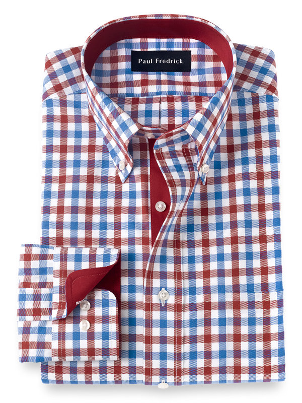 Non-Iron Cotton Gingham Dress Shirt with Contrast Trim