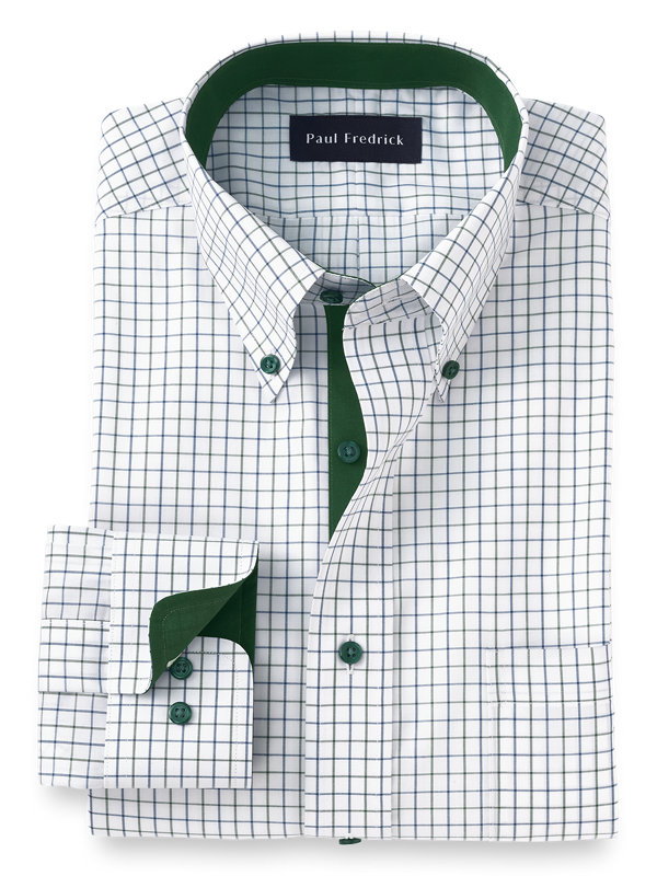 Tailored Fit Non-Iron Cotton Windowpane Dress Shirt with Contrast Trim