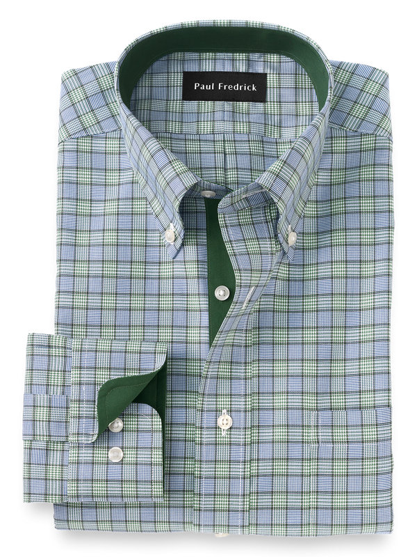 Tailored Fit Non-Iron Cotton Plaid Dress Shirt with Contrast Trim