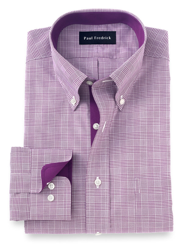 Tailored Fit Non-Iron Cotton Plaid Dress Shirt with Contrast Trim