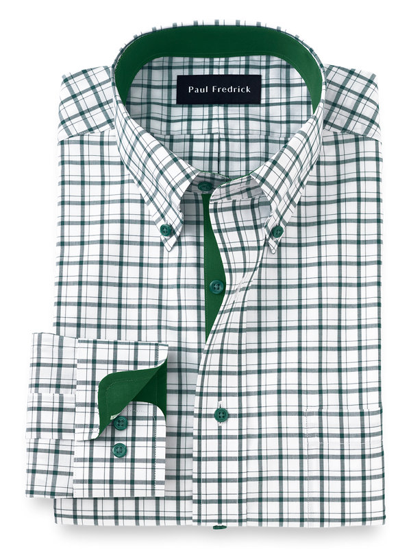 Tailored Fit Non-Iron Cotton Check Dress Shirt with Contrast Trim