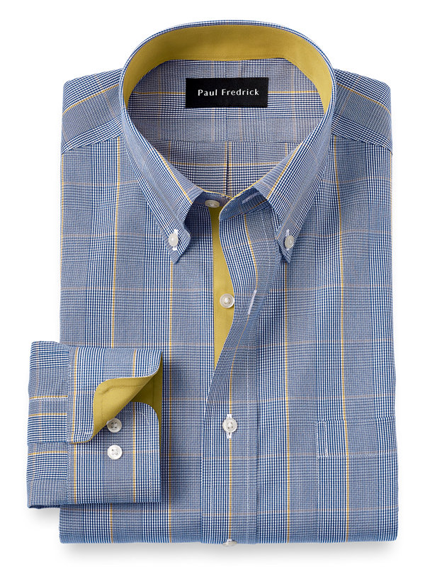 Tailored Fit Non-Iron Cotton Glen Plaid Dress Shirt with Contrast Trim