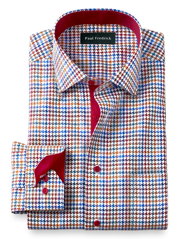 Tailored Fit Non-Iron Cotton Houndstooth Dress Shirt with Contrast Trim