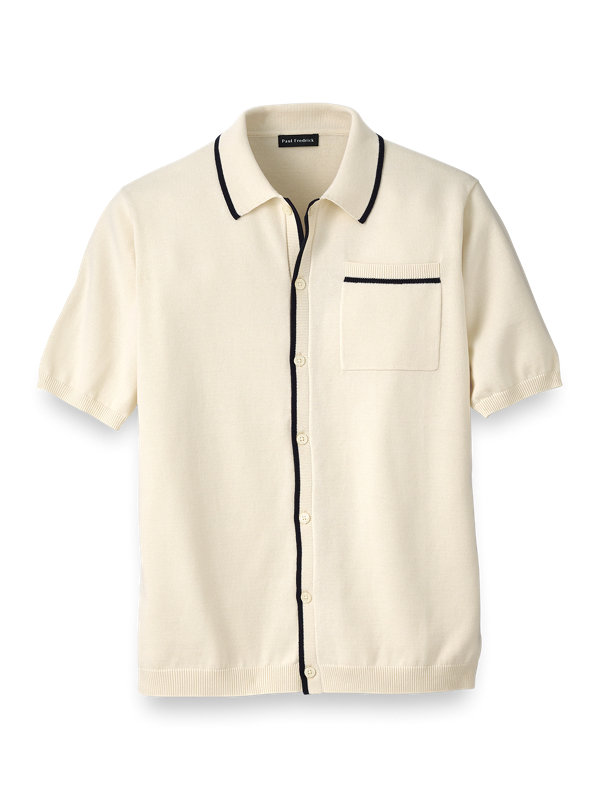 Cotton Button Front Polo with Tipping