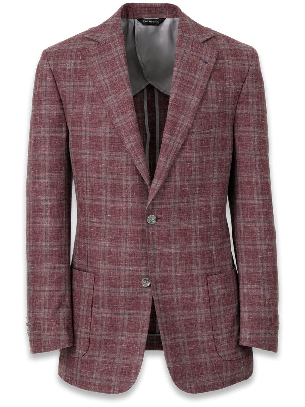 Wool Silk and Linen Plaid Notch Lapel Suit Jacket