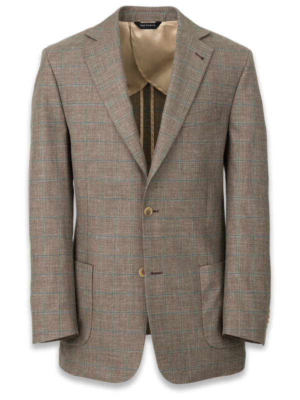 Wool Silk and Linen Windowpane Notch Lapel Suit Jacket