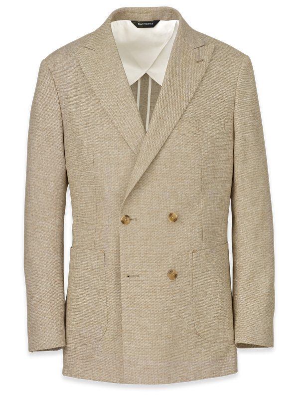 Linen Blend Textured Double Breasted Peak Lapel Suit Jacket