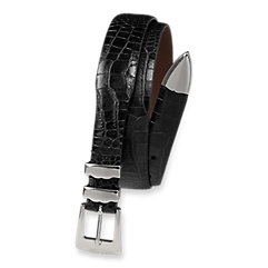 Crocodile Embossed Calfskin Leather Belt with Metal Keeper & Tip