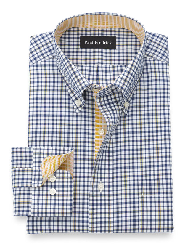 Paul Fredrick Mens Tailored Fit Non-Iron Cotton Check Button Down Dress Shirt 