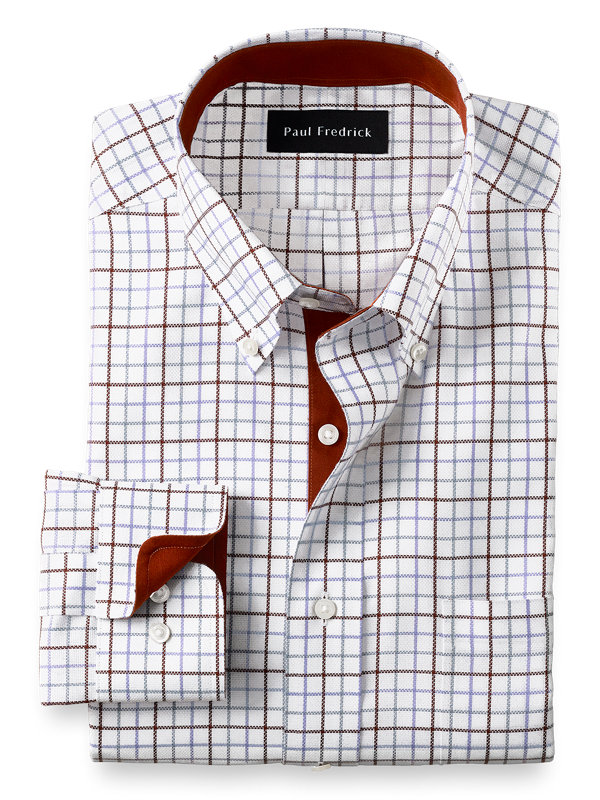 Paul Fredrick Mens Slim Fit Non-Iron Cotton Tattersall Button Cuff Dress Shirt 