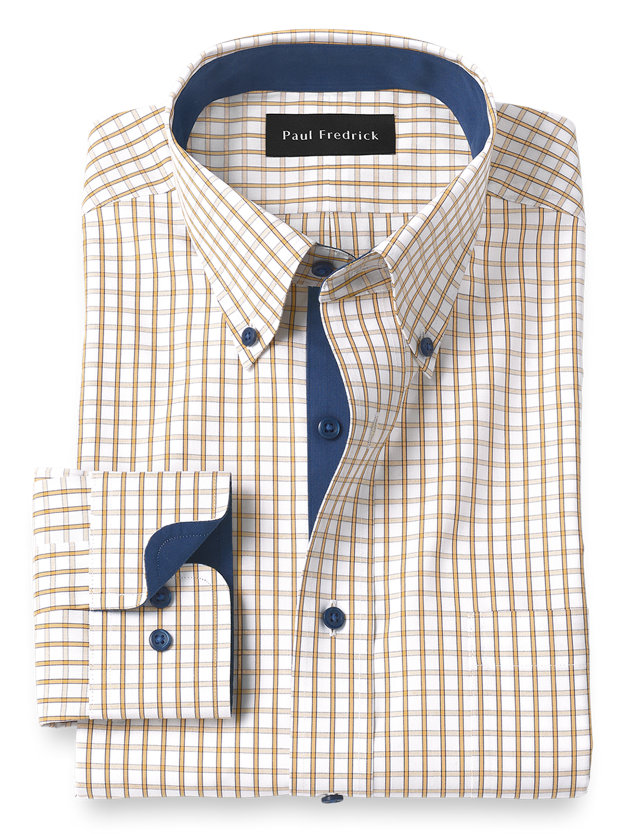 Paul Fredrick Mens Tailored Fit Non-Iron Cotton Check Button Down Dress Shirt 