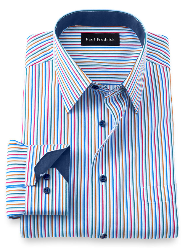Paul Fredrick Men's Tailored Fit Non-Iron Cotton Stripe Button Down Dress Shirt 