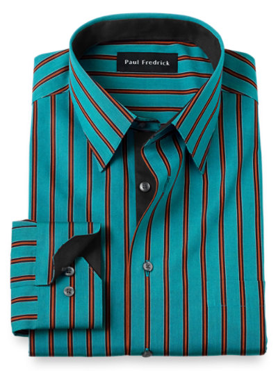 Tan Striped  17 34/35 Long Staple Cotton Paul Fredrick Dress Shirt Teal 