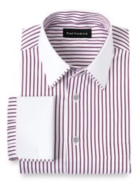 Men's Non-Iron Navy & White Bengal Stripe Fitted Slim Shirt With White  Collar - Double Cuff