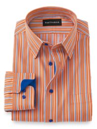 Men's Non-Iron Navy & White Bengal Stripe Fitted Slim Shirt With White  Collar - Double Cuff