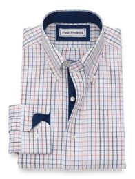 Slim Fit Non-Iron Cotton Pinpoint Tattersall Dress Shirt with Contrast ...