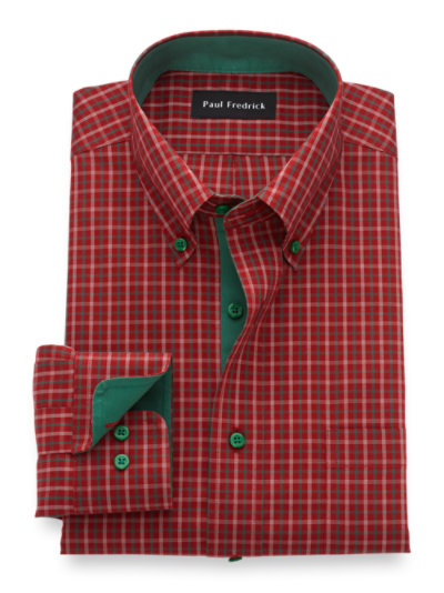 Paul Fredrick Mens Tailored Fit Non-Iron Cotton Gingham Dress Shirt