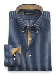 Tailored Fit NonIron Cotton Stripe Dress Shirt with Contrast Trim