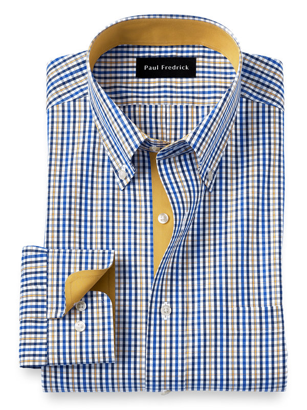 Paul Fredrick Mens Slim Fit Non-Iron Cotton Tattersall Button Cuff Dress Shirt 