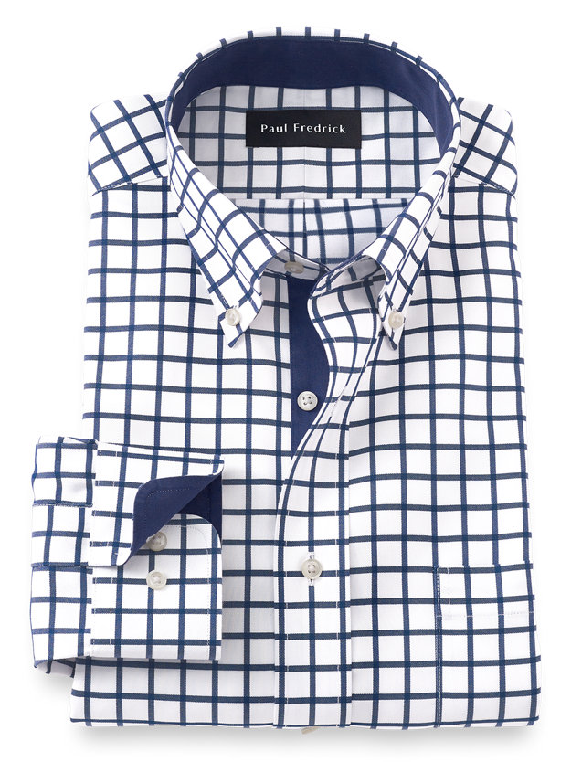 Paul Fredrick Mens Tailored Fit Non-Iron Cotton Gingham Button Down Dress Shirt 