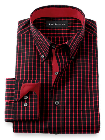 Paul Fredrick Mens Tailored Fit Non-Iron Cotton Check Dress Shirt 
