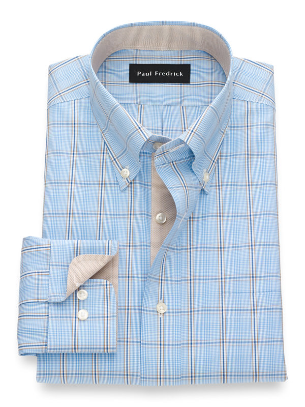 Paul Fredrick Mens Classic Fit Non-Iron Pinpoint Glen Plaid Dress Shirt