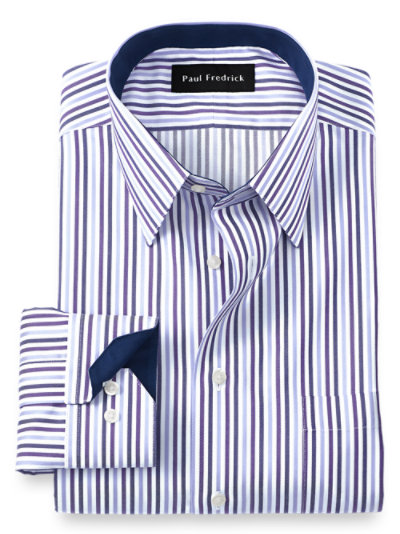 Paul Fredrick Mens Slim Fit Cotton Satin Stripe Button Cuff Dress Shirt 