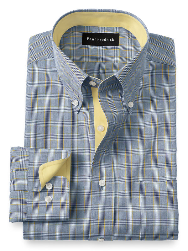 Paul Fredrick Mens Non-Iron Cotton Glen Plaid Button Down Collar Dress Shirt
