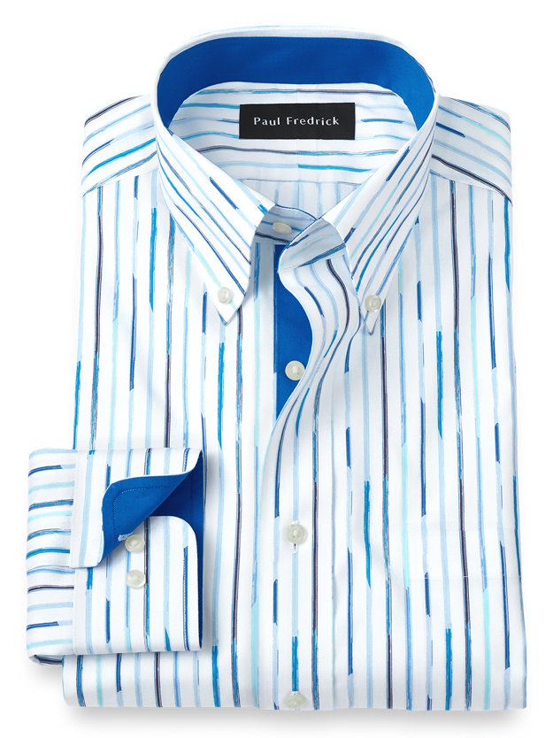 Paul Fredrick Mens Tailored Fit Non-Iron Cotton Stripe Button Down Dress Shirt 
