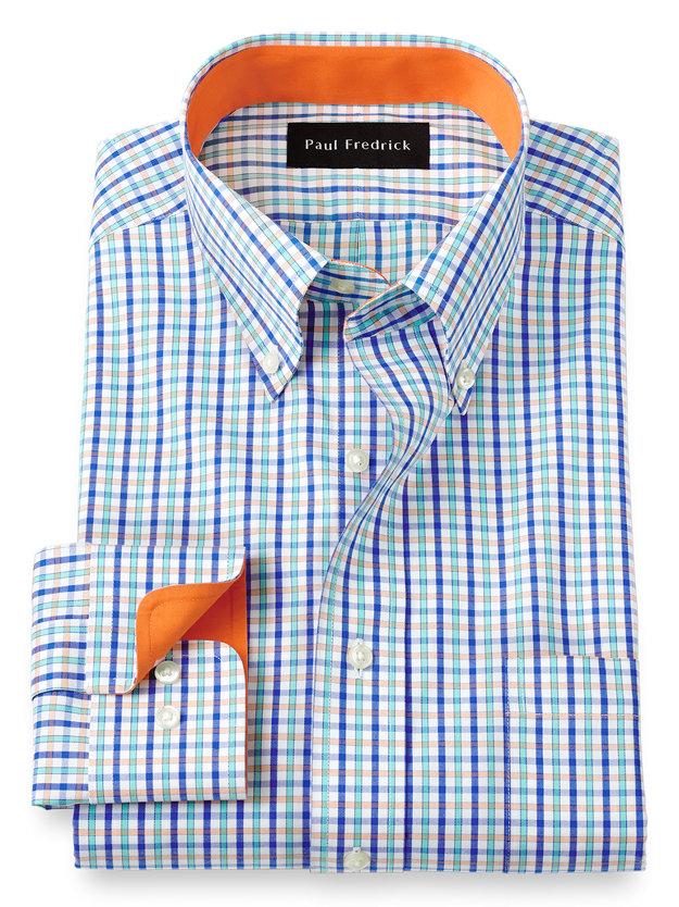 Paul Fredrick Mens Tailored Fit Non-Iron Cotton Tattersall Dress Shirt 