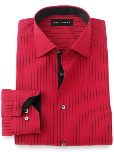 Paul Fredrick Mens Slim Fit Cotton Satin Stripe Button Cuff Dress Shirt 