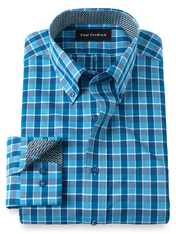 Paul Fredrick Mens Classic Fit Non-Iron Cotton Gingham Dress Shirt