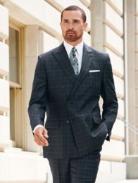 Wool Plaid Double Breasted Peak Lapel Suit Jacket