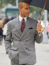 Wool Stripe Double Breasted Peak Lapel Suit Jacket